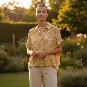 Tahari 100% Linen Yellow Botanical Print Button Front Blouse Size S